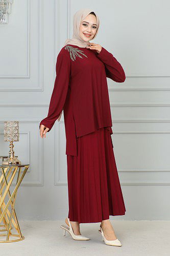 Taş İşlemeli Sandy Etekli Takım-3175 Bordo - Thumbnail