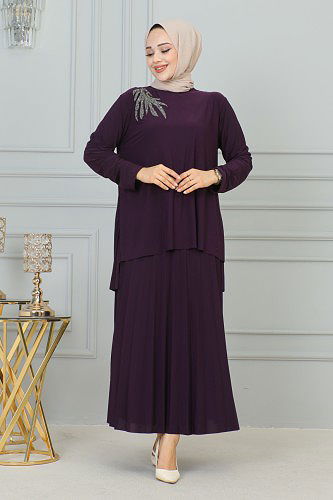 Taş İşlemeli Sandy Etekli Takım-3175 Mor - Thumbnail