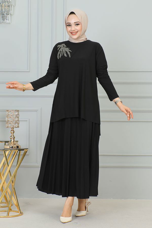 Taş İşlemeli Sandy Etekli Takım-3175 Siyah
