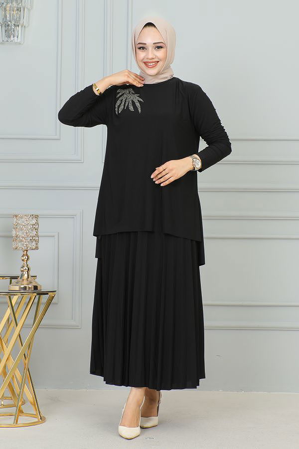 Taş İşlemeli Sandy Etekli Takım-3175 Siyah