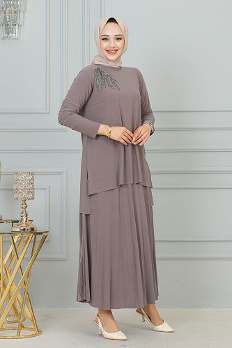 Taş İşlemeli Sandy Etekli Takım-3175 Vizon - Thumbnail