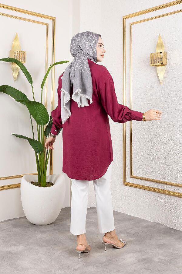 Taş Ve Düğme Detaylı Tunik-5263 Bordo