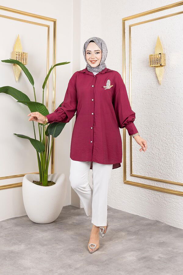 Taş Ve Düğme Detaylı Tunik-5263 Bordo