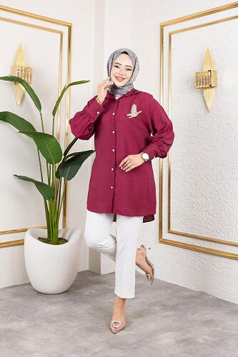 Taş Ve Düğme Detaylı Tunik-5263 Bordo - Thumbnail