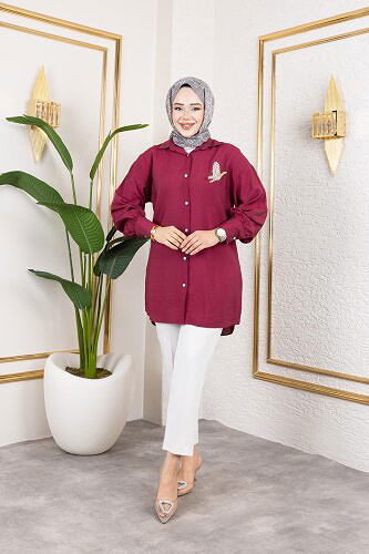 Taş Ve Düğme Detaylı Tunik-5263 Bordo - Thumbnail