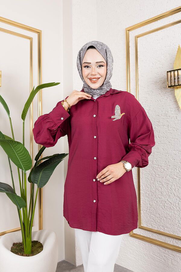 Taş Ve Düğme Detaylı Tunik-5263 Bordo