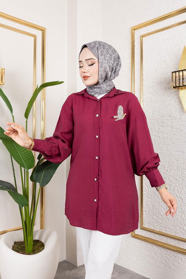 Taş Ve Düğme Detaylı Tunik-5263 Bordo