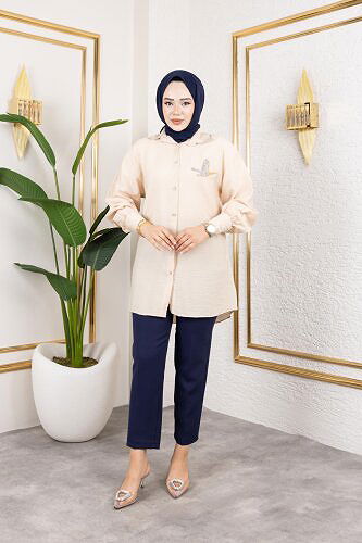 Modaebva - Taş Ve Düğme Detaylı Tunik-5263 Vizon (1)