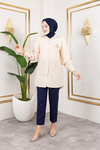 Taş Ve Düğme Detaylı Tunik-5263 Vizon - Thumbnail