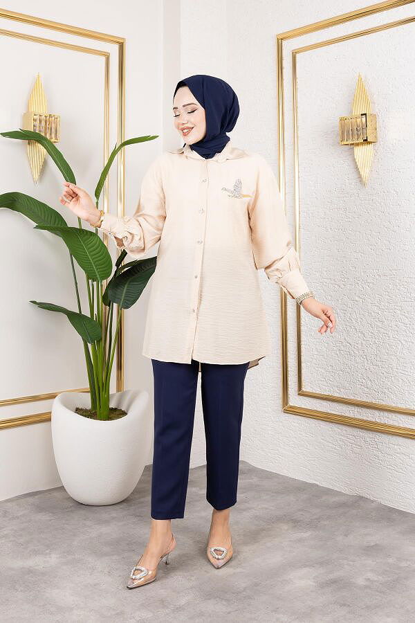 Taş Ve Düğme Detaylı Tunik-5263 Vizon
