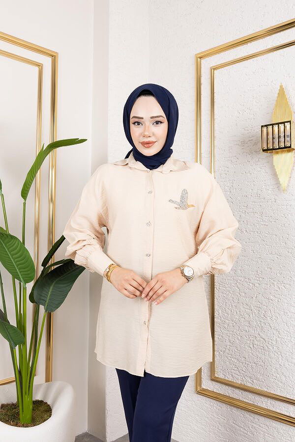 Taş Ve Düğme Detaylı Tunik-5263 Vizon