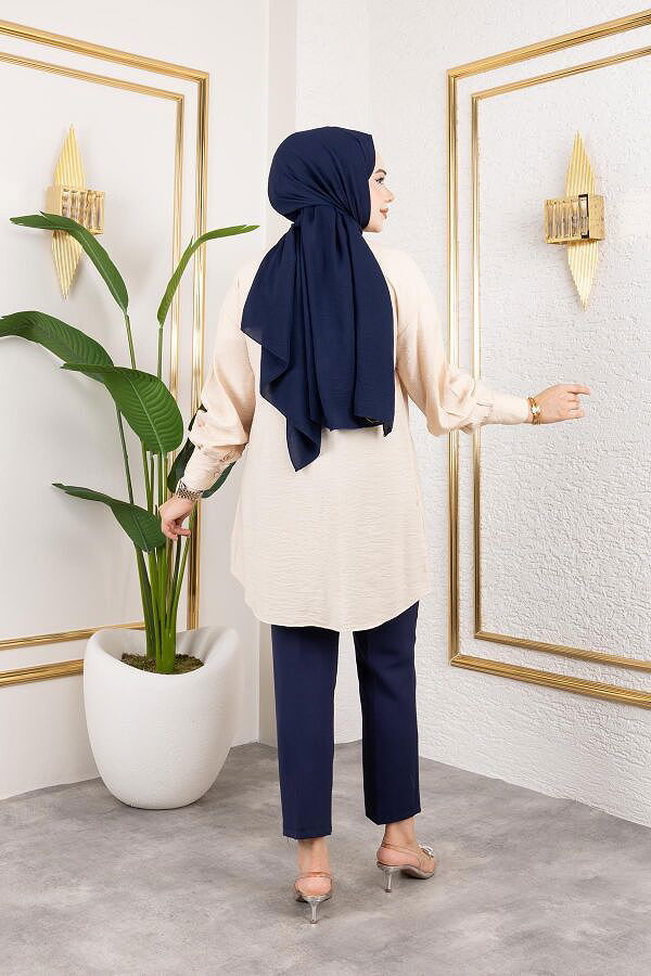 Taş Ve Düğme Detaylı Tunik-5263 Vizon