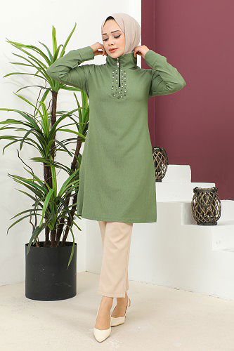 Taş Ve İnci Detaylı Tesettür Tunik-3162 Su yeşili - Thumbnail