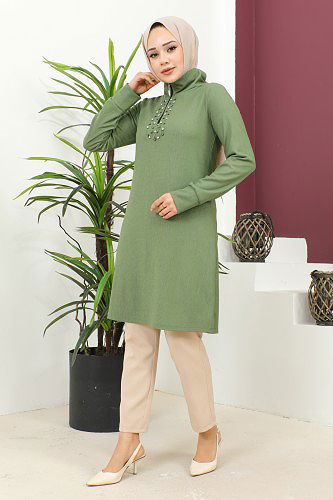 Taş Ve İnci Detaylı Tesettür Tunik-3162 Su yeşili - Thumbnail