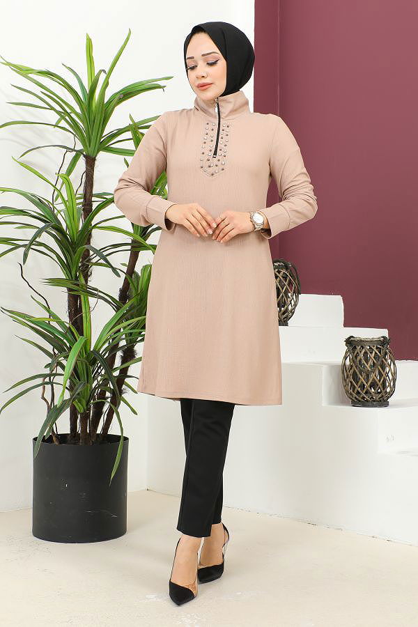 Taş Ve İnci Detaylı Tesettür Tunik-3162 Vizon