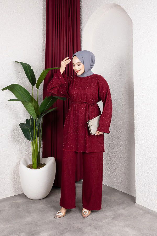 Taşlı İkili Tesettür Takım-2004 Bordo