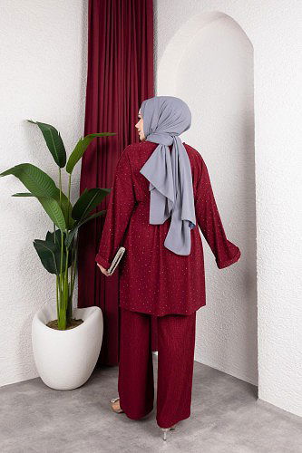 Taşlı İkili Tesettür Takım-2004 Bordo - Thumbnail