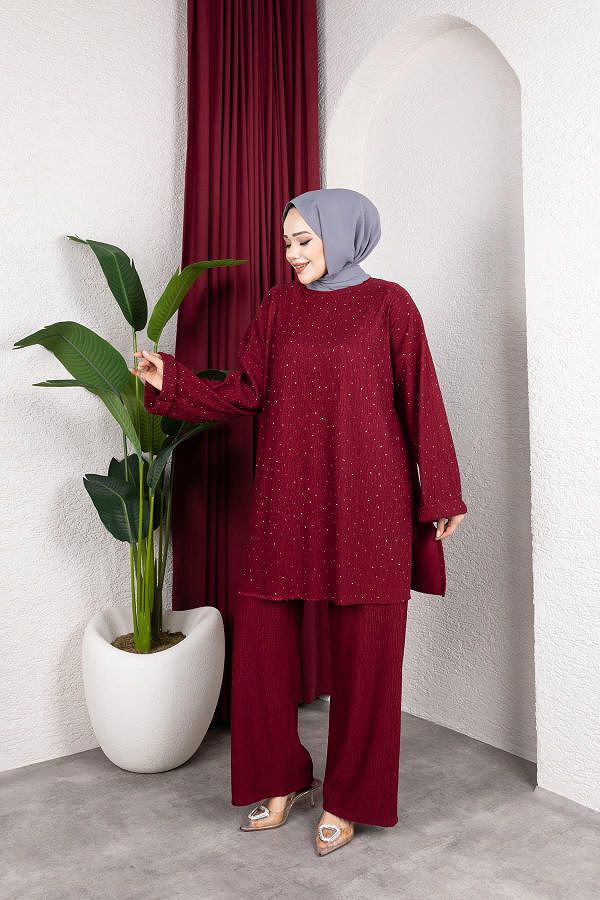Taşlı İkili Tesettür Takım-2004 Bordo