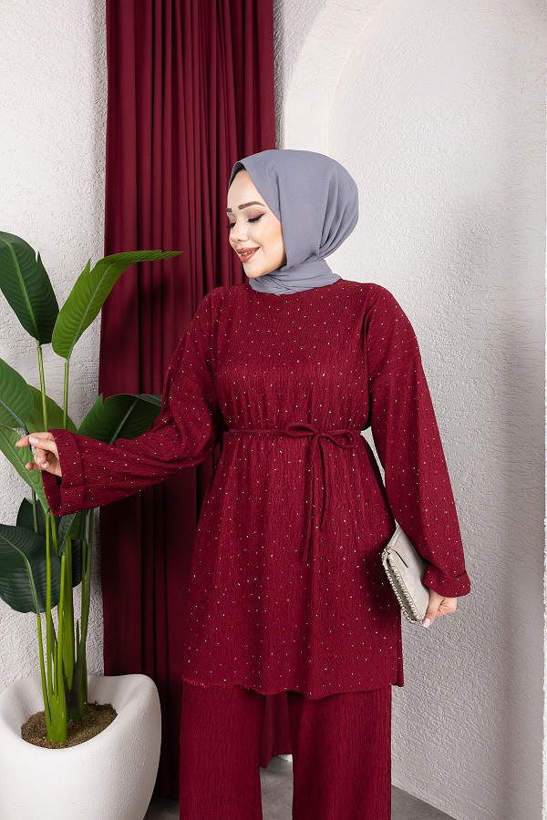 Taşlı İkili Tesettür Takım-2004 Bordo