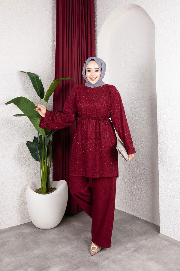Taşlı İkili Tesettür Takım-2004 Bordo