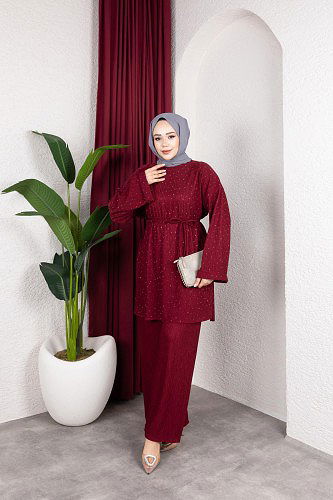 Taşlı İkili Tesettür Takım-2004 Bordo - Thumbnail