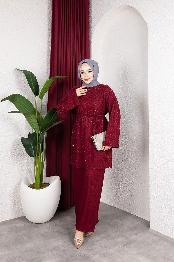 Taşlı İkili Tesettür Takım-2004 Bordo