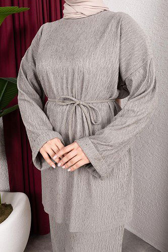 Taşlı İkili Tesettür Takım-2004 Haki - Thumbnail