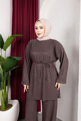 Taşlı İkili Tesettür Takım-2004 Kahverengi - Thumbnail