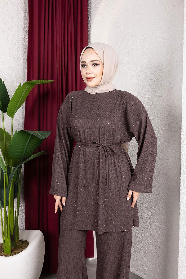 Taşlı İkili Tesettür Takım-2004 Kahverengi