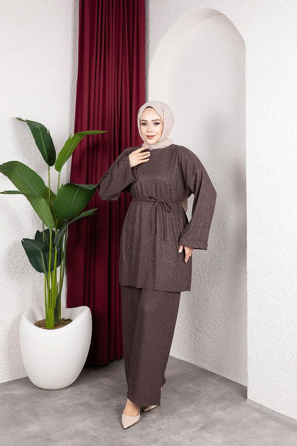 Taşlı İkili Tesettür Takım-2004 Kahverengi