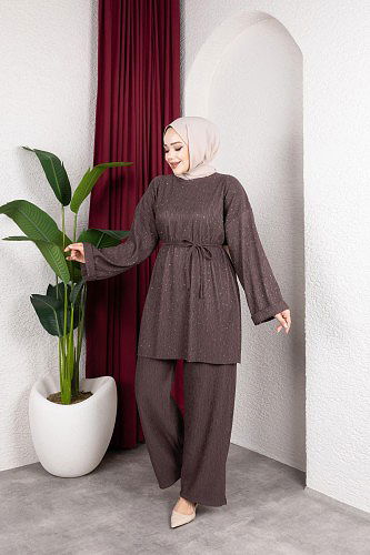 Modaebva - Taşlı İkili Tesettür Takım-2004 Kahverengi