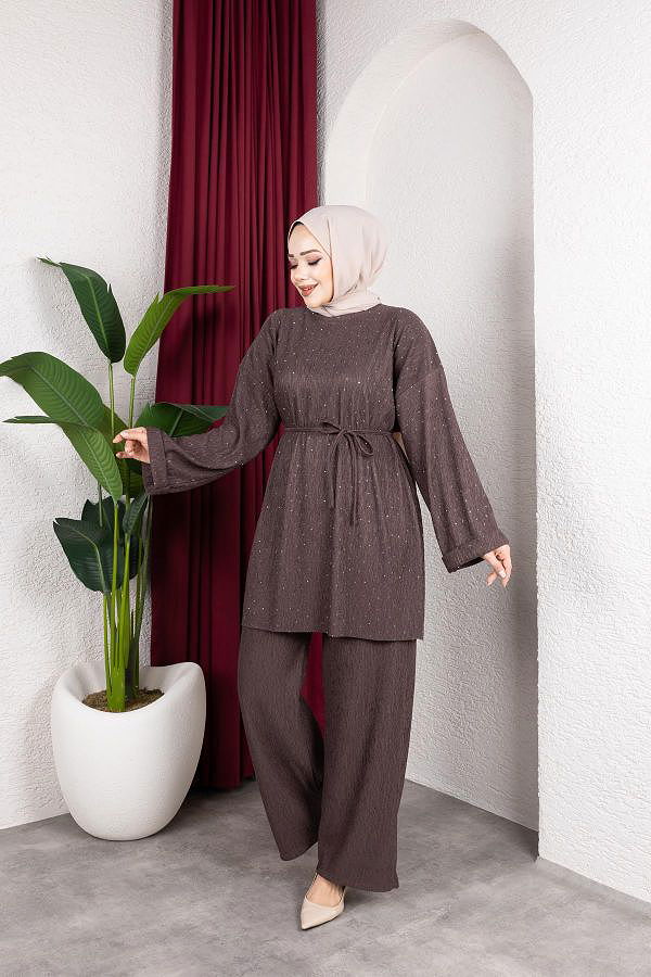 Taşlı İkili Tesettür Takım-2004 Kahverengi