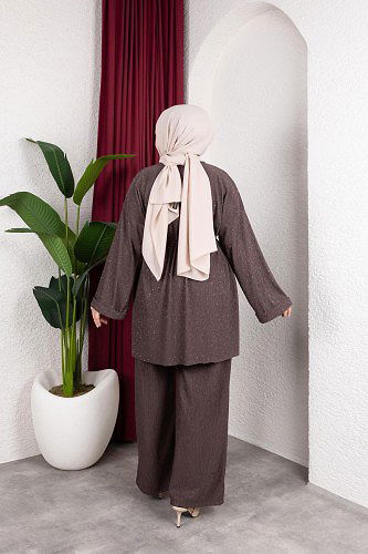 Taşlı İkili Tesettür Takım-2004 Kahverengi - Thumbnail