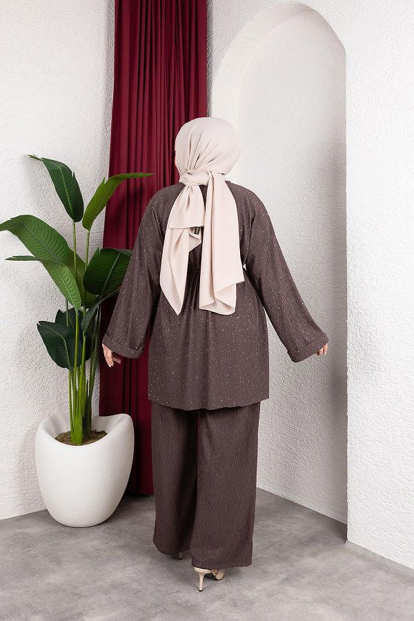 Taşlı İkili Tesettür Takım-2004 Kahverengi