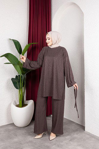 Modaebva - Taşlı İkili Tesettür Takım-2004 Kahverengi (1)
