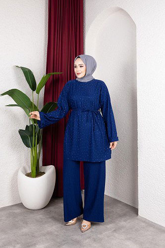 Taşlı İkili Tesettür Takım-2004 Saks mavisi - Thumbnail
