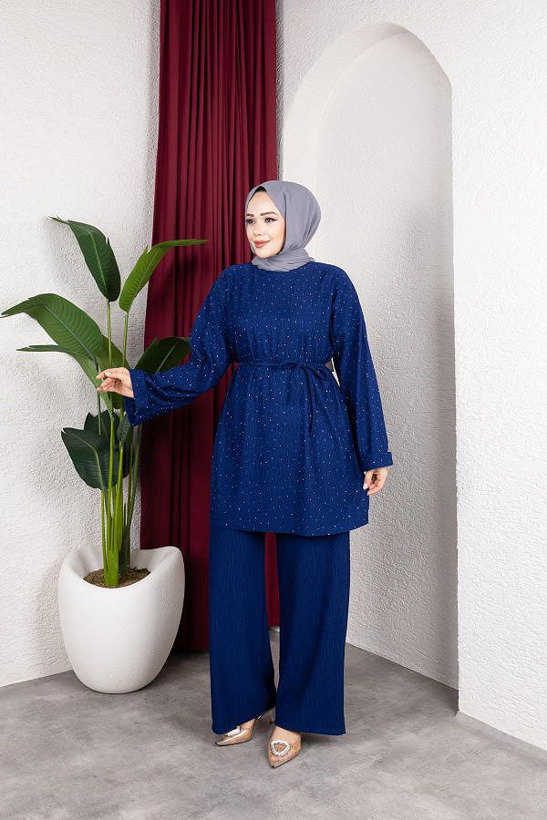 Taşlı İkili Tesettür Takım-2004 Saks mavisi