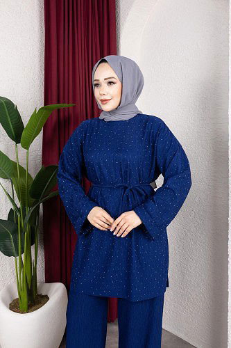 Taşlı İkili Tesettür Takım-2004 Saks mavisi - Thumbnail