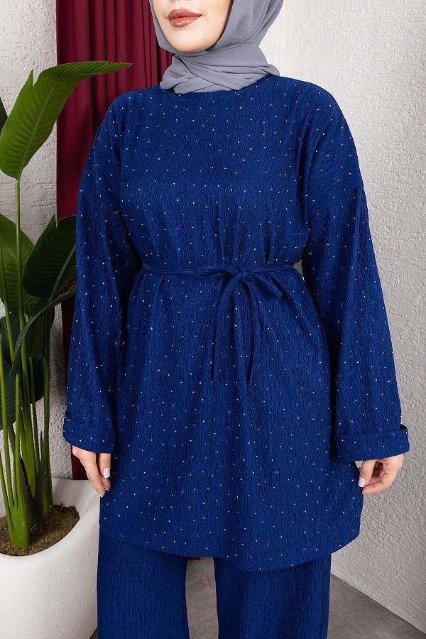 Taşlı İkili Tesettür Takım-2004 Saks mavisi