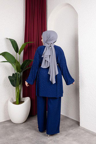 Taşlı İkili Tesettür Takım-2004 Saks mavisi - Thumbnail