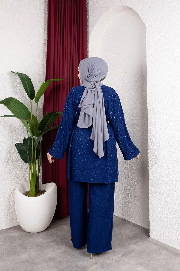 Taşlı İkili Tesettür Takım-2004 Saks mavisi