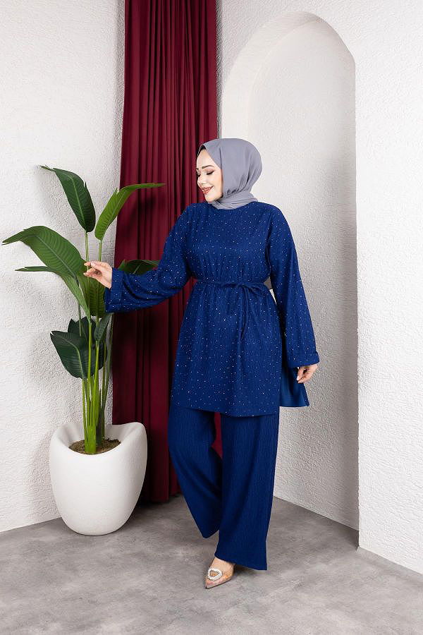 Taşlı İkili Tesettür Takım-2004 Saks mavisi