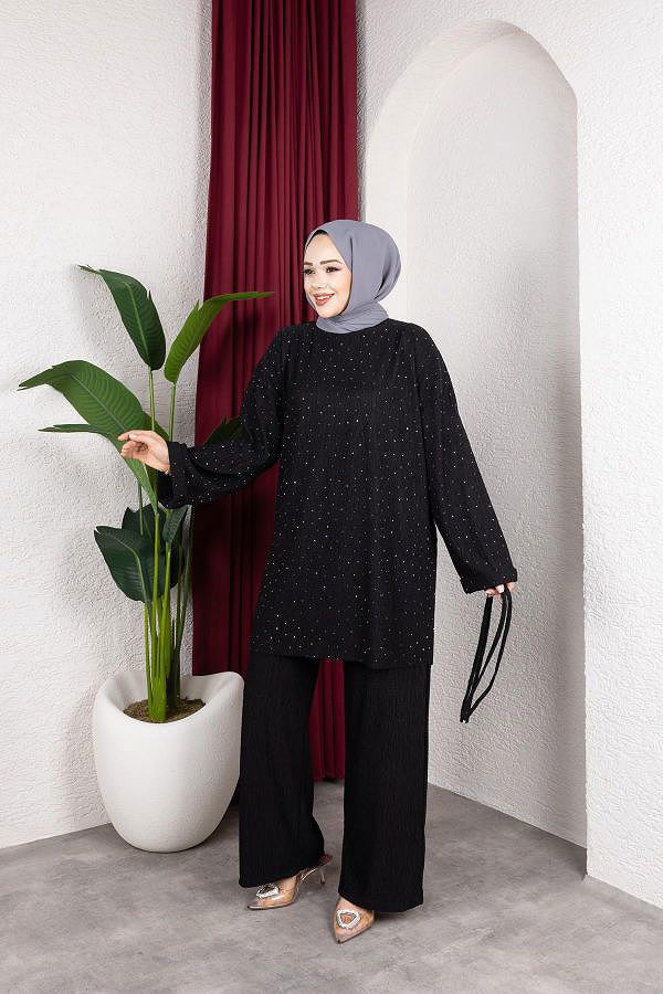 Taşlı İkili Tesettür Takım-2004 Siyah