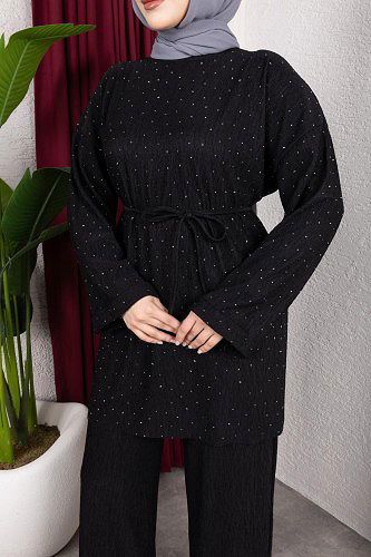 Taşlı İkili Tesettür Takım-2004 Siyah - Thumbnail