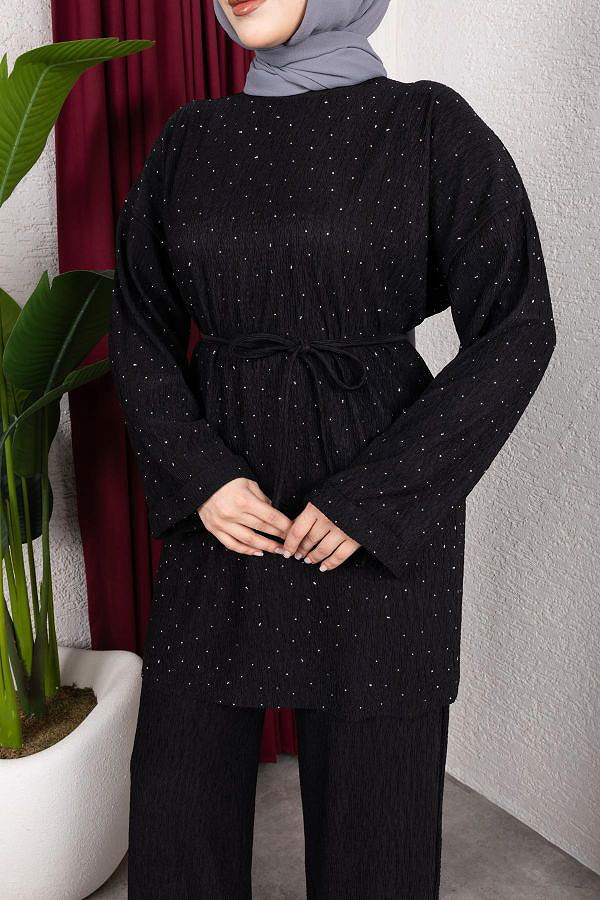 Taşlı İkili Tesettür Takım-2004 Siyah