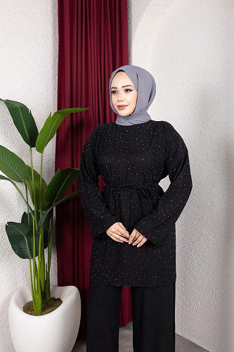Taşlı İkili Tesettür Takım-2004 Siyah - Thumbnail