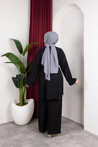 Taşlı İkili Tesettür Takım-2004 Siyah - Thumbnail