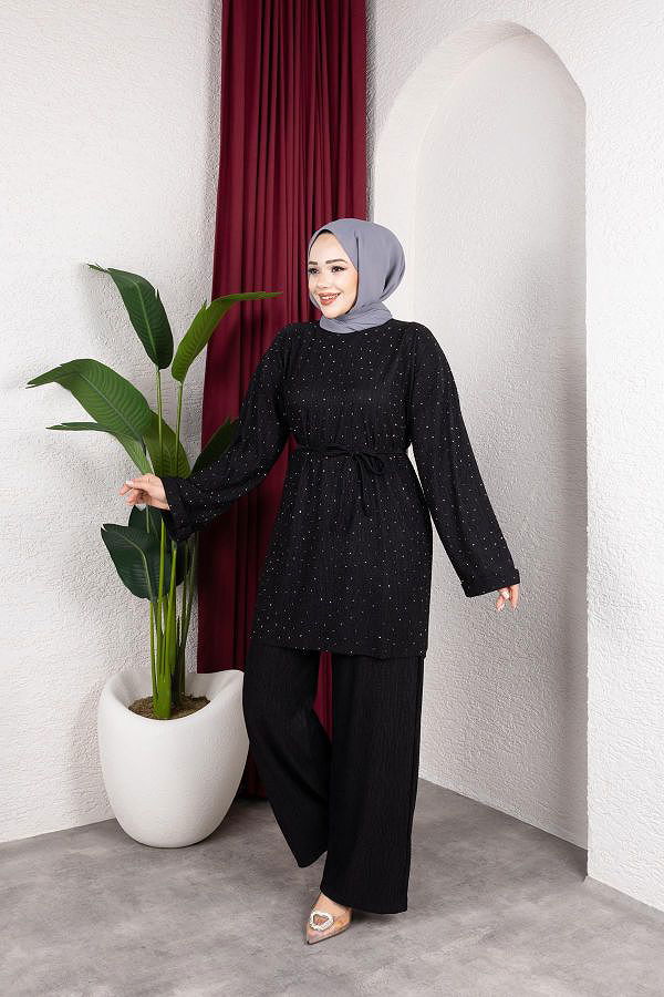 Taşlı İkili Tesettür Takım-2004 Siyah