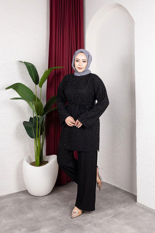 Taşlı İkili Tesettür Takım-2004 Siyah
