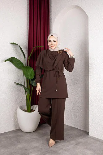 Modaebva - Toka Detaylı Ayrobin Takım-2639 Kahve rengi
